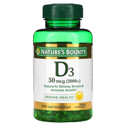 Nature's Bounty D3 2000 IU softgels bottle supports bone health and immune wellness.