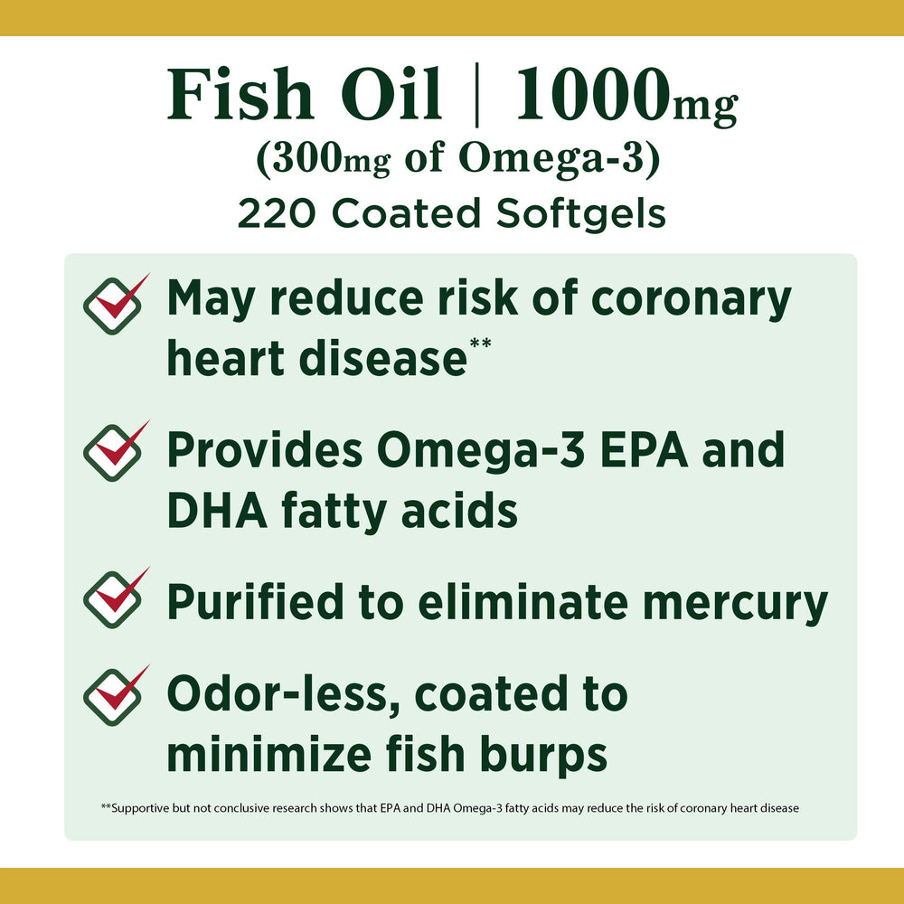 Nature's Bounty fish oil 1000 mg – softgel closeup showing smooth coating for easy swallowing.
