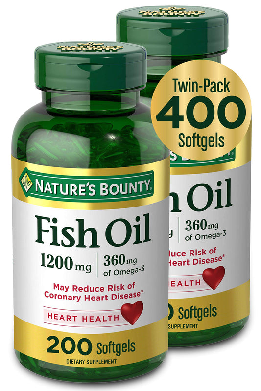 Nature's Bounty Fish Oil bottle 1200mg promotes heart health with omega-3.