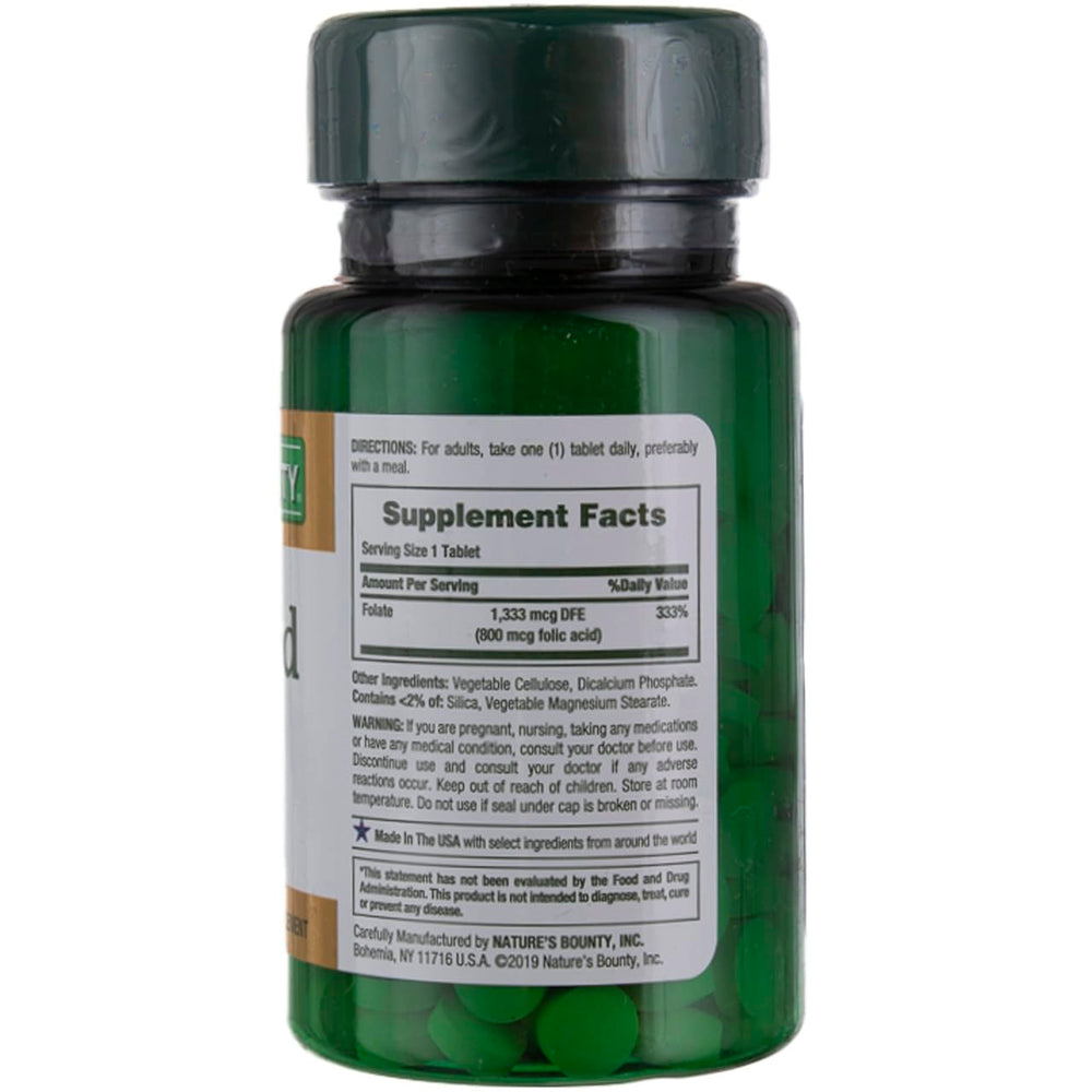 Nature's Bounty folic acid 800 mcg tablets bottle label shows dosage and daily value.