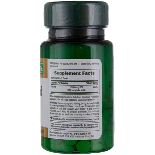 Nature's Bounty folic acid 800 mcg tablets bottle label shows dosage and daily value.