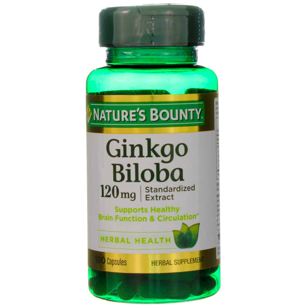 Nature's Bounty Ginkgo Biloba 120 mg bottle illustrating brain function support and circulation.