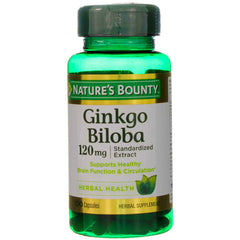Nature's Bounty Ginkgo Biloba 120 mg bottle illustrating brain function support and circulation.
