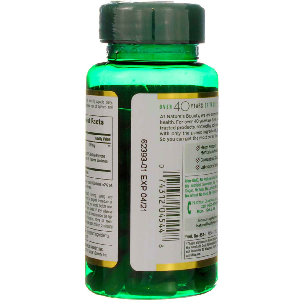 Nature's Bounty Ginkgo Biloba packaging box highlighting bottle contents and quality.