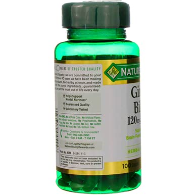 Nature's Bounty Ginkgo Biloba visuals suggesting brain health and circulation support.