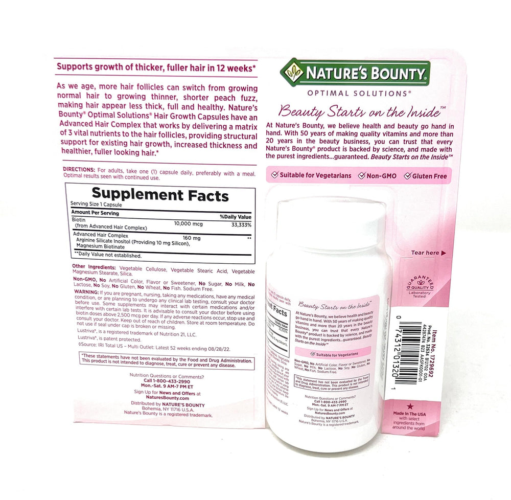 Nature's Bounty Hair Growth bottle side highlights unflavored, GMO-free capsules.