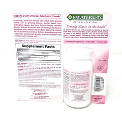 Nature's Bounty Hair Growth bottle side highlights unflavored, GMO-free capsules.