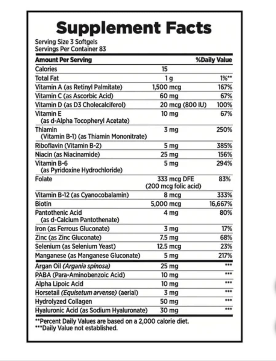Nature's Bounty Hair, Skin and Nails label closeup highlights essential nutrients