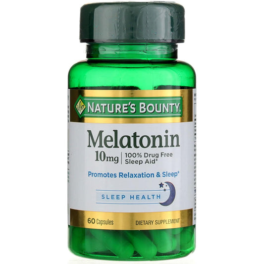 Nature's Bounty Melatonin bottle front view for peaceful rest and routine