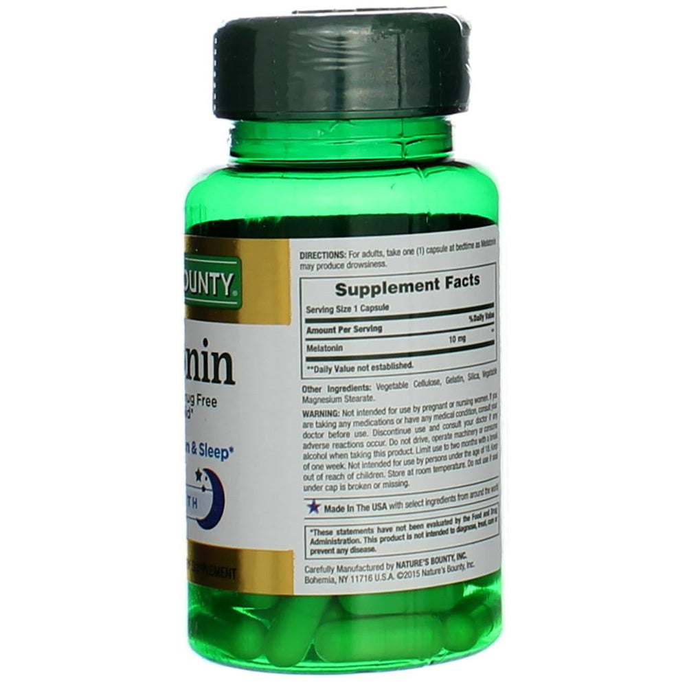 Nature's Bounty Melatonin capsules close-up shows 10 mg dose per capsule