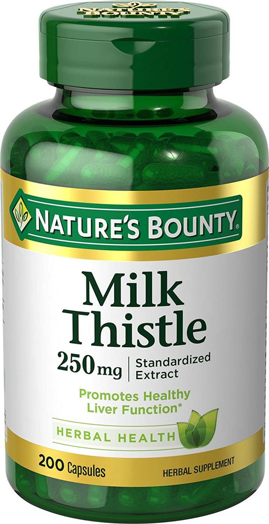 Nature's Bounty Milk Thistle 250 mg capsules bottle promotes liver support.