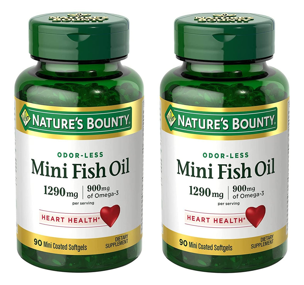 Nature's Bounty Mini Fish Oil softgels bottle showing odorless, easy-to-swallow heart health support.