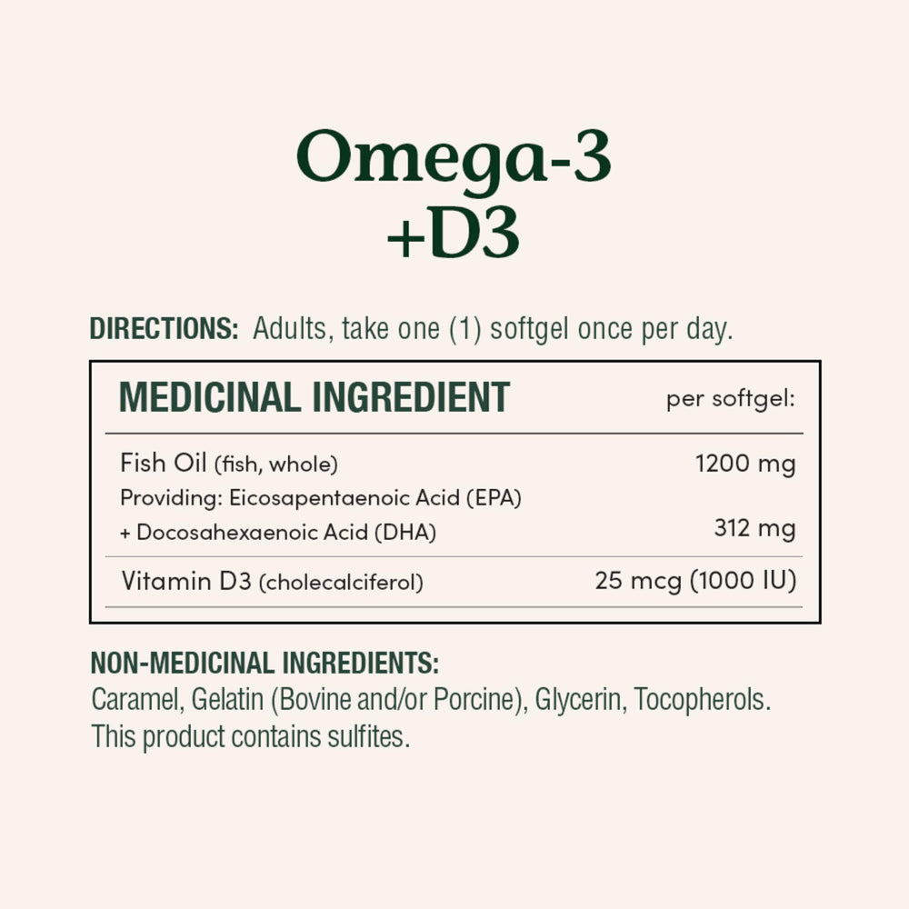 Nature's Bounty Omega-3 D3 bottle nutrition label detail.