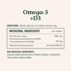 Nature's Bounty Omega-3 D3 bottle nutrition label detail.