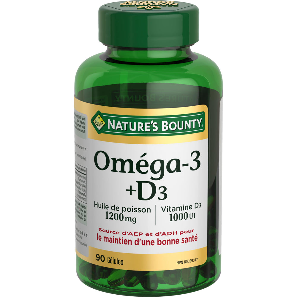 Nature's Bounty Omega-3 D3 softgels close-up highlighting easy swallowing.
