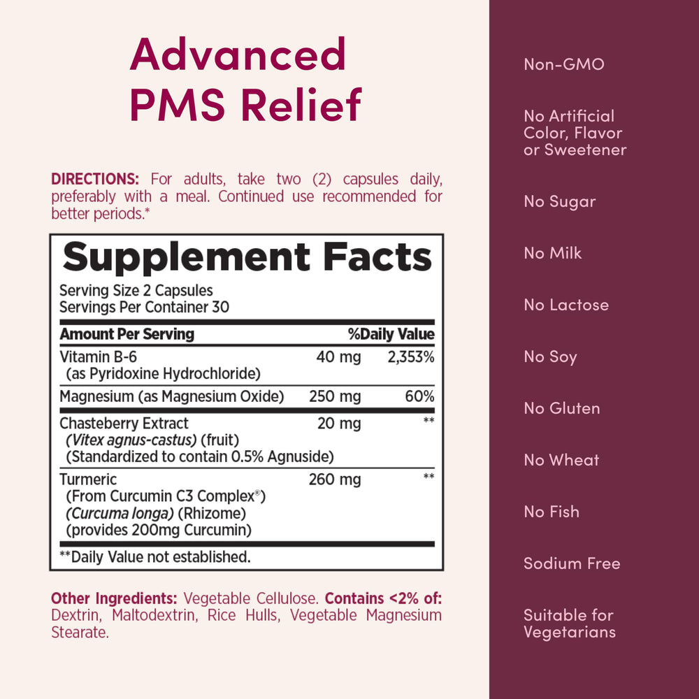 Nature’s Bounty Advanced PMS Relief packaging on desk illustrating the vitamin blend