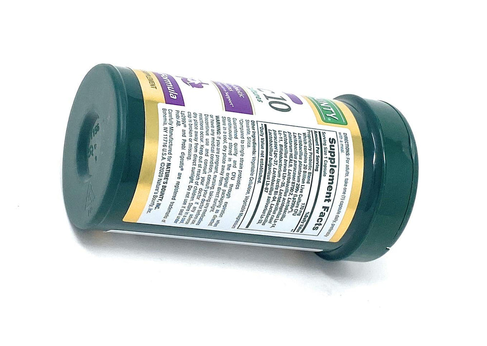 Nature's Bounty Ultra Strength Probiotic 10 close-up emphasizes 20 billion live cultures