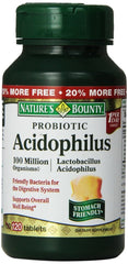 Nature's Bounty Probiotic Acidophilus tablets bottle shown for daily digestive support.