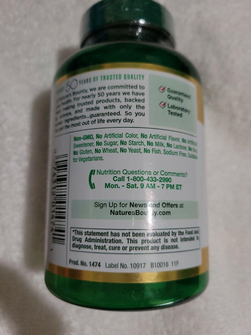 Nature's Bounty Pure Vitamin C caplets ingredients panel, non-GMO and sugar-free