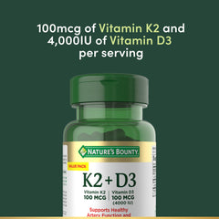 Nature's Bounty Vitamin D3 K2 label close-up with product details visible.