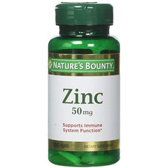 Nature's Bounty zinc 50 mg caplets label back with ingredients and purity emphasis.