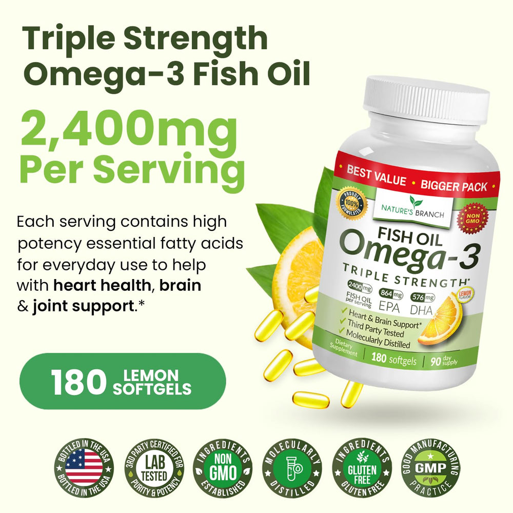 Nature's Branch omega-3 bottle shows EPA and DHA per serving.