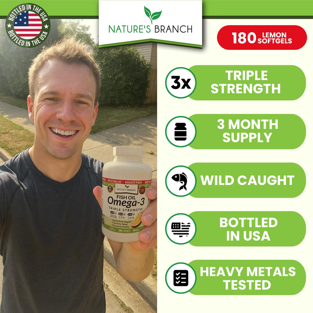 Nature's Branch omega-3 softgels lemon flavor close-up, easy to swallow.