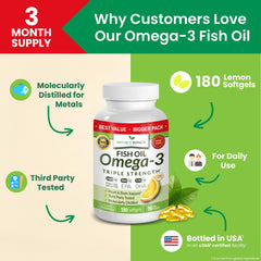 Nature's Branch wild-caught fish oil capsule label highlights EPA and DHA.