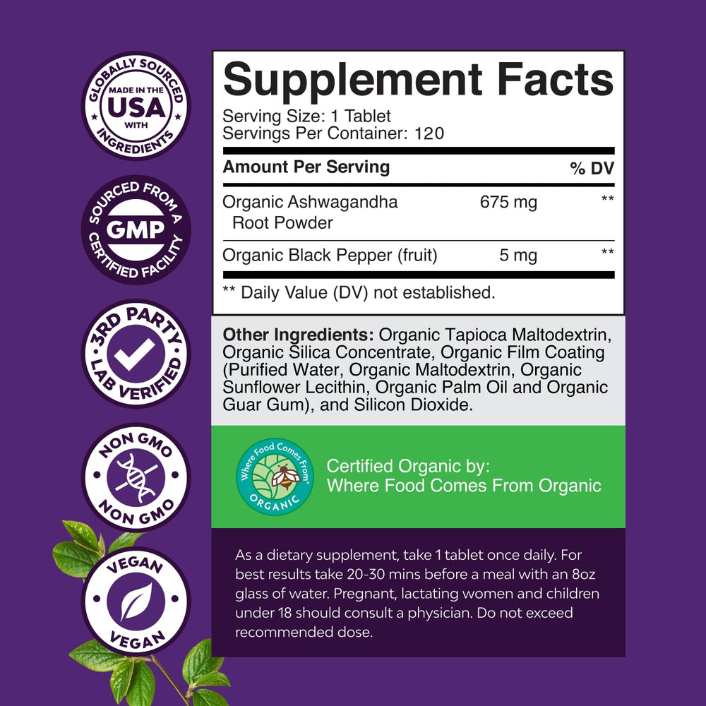 Natures Craft Ashwagandha bottle label shows organic non-GMO formula.