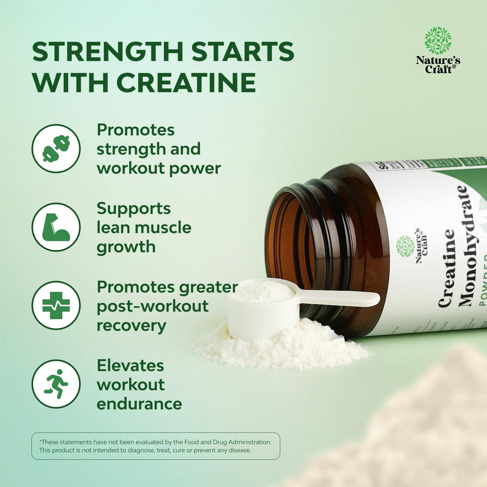 Natures Craft creatine micronized powder label with vegan and non-GMO details