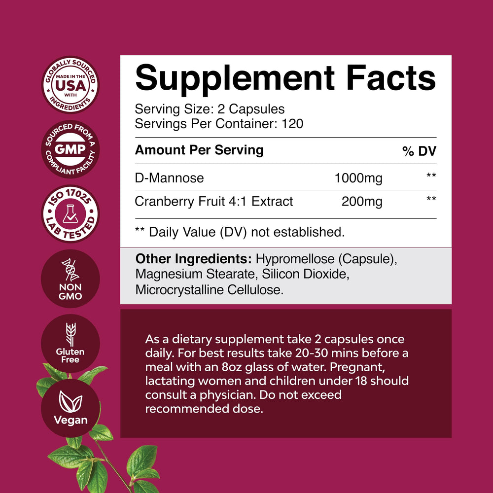 Nature's Craft D Mannose Cranberry capsules closeup showing 1000mg dose for urinary wellness.