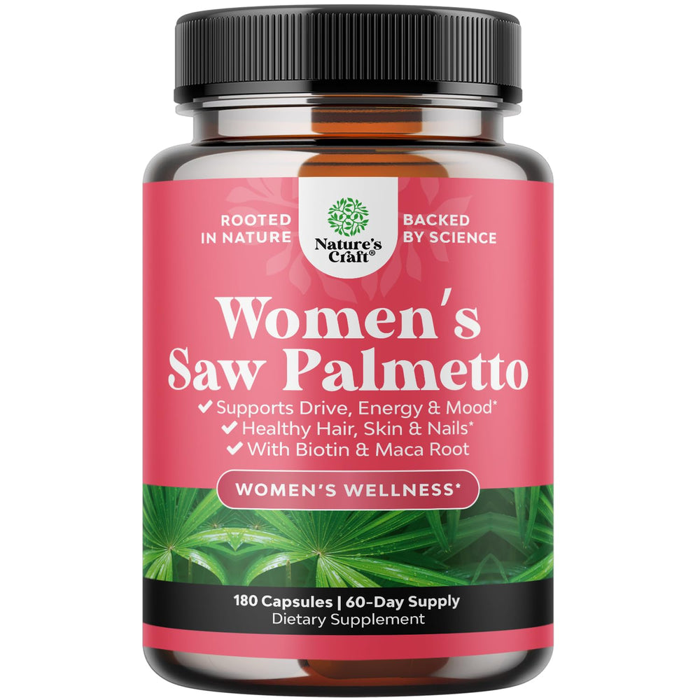 Natures Craft extra strength saw palmetto bottle for women supporting fuller looking hair