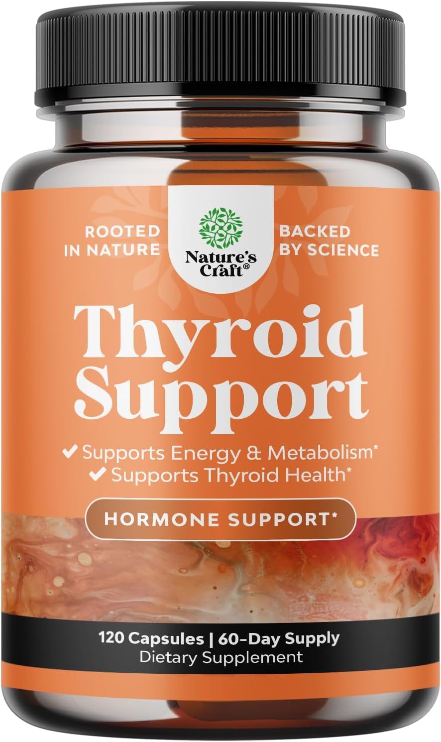Natures Craft Herbal Thyroid Support Complex bottle with capsules for potential energy support.