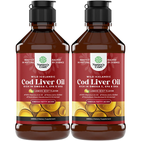 Natures Craft Icelandic cod liver oil bottle highlighting wild-caught source for heart and immune support.