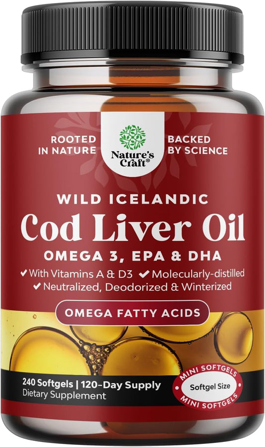 Natures Craft Icelandic cod liver oil softgels bottle enhancing daily omega-3 intake