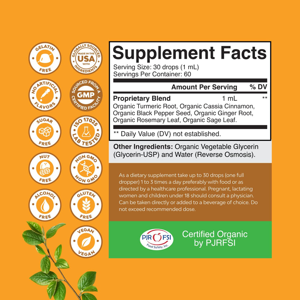 Nature's Craft Organic Turmeric Liquid Drops label close-up showing ingredients.