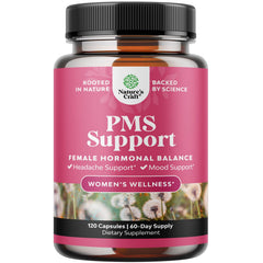 Natures Craft PMS Support bottle label showing ingredients and dosage for daily use.