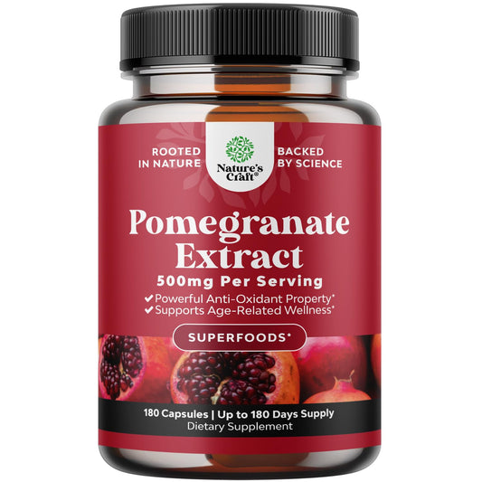 Natures Craft Pomegranate Capsules bottle showing real fruit power for daily heart and joint support