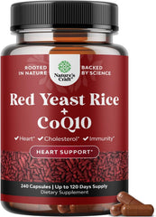 Natures Craft Red Yeast Rice with CoQ10 capsules bottle highlighting heart health support.