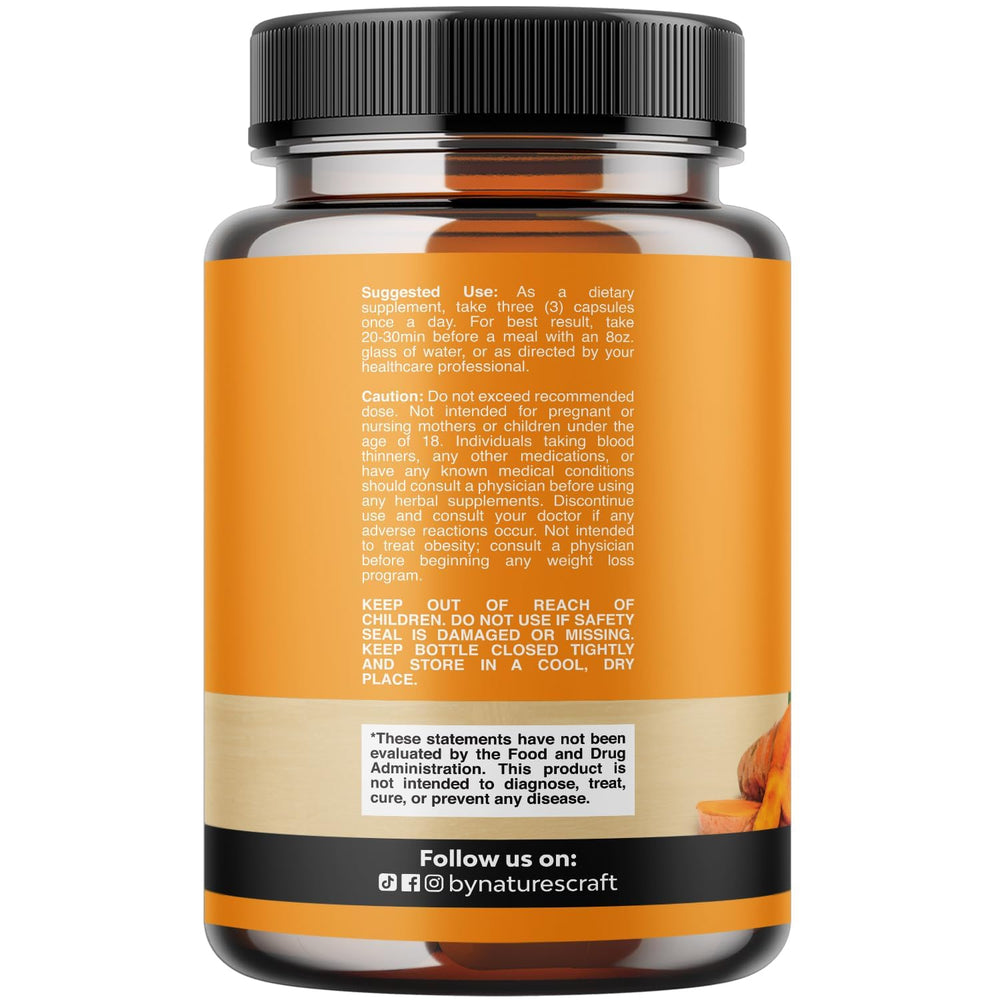 Close-up of Natures Craft Turmeric Curcumin capsules showing high curcuminoid content