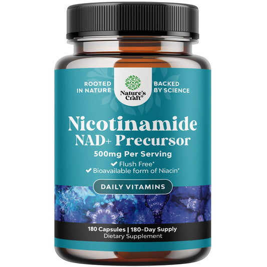 Natures Craft Vitamin B3 Niacinamide 500mg bottle pour for daily energy support