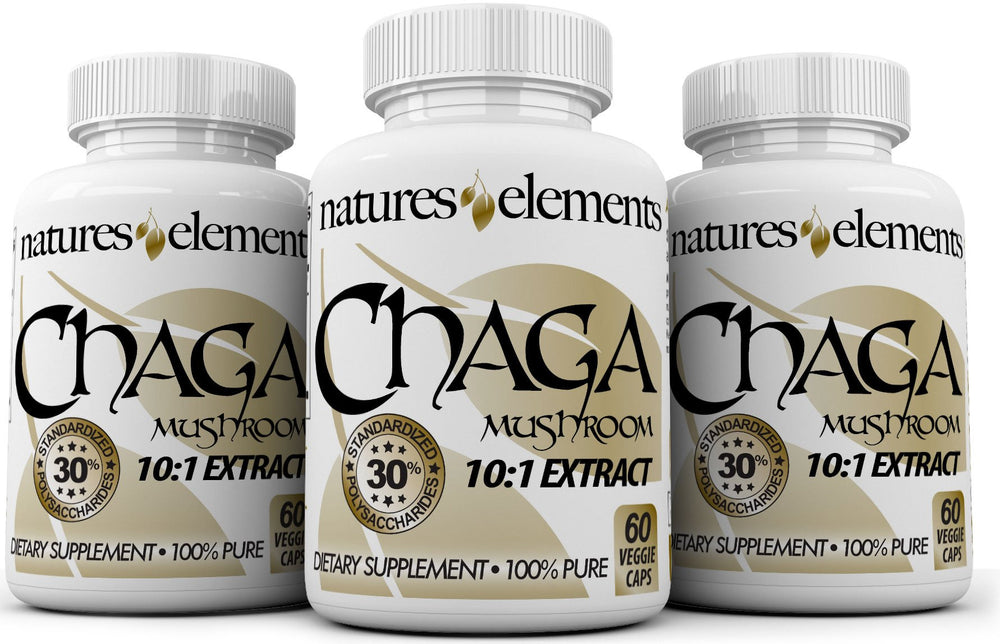 Natures Elements Chaga bottle shows 1000mg extract for daily support