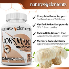 Close-up of Natures Elements Lion’s Mane capsules with BioPerine