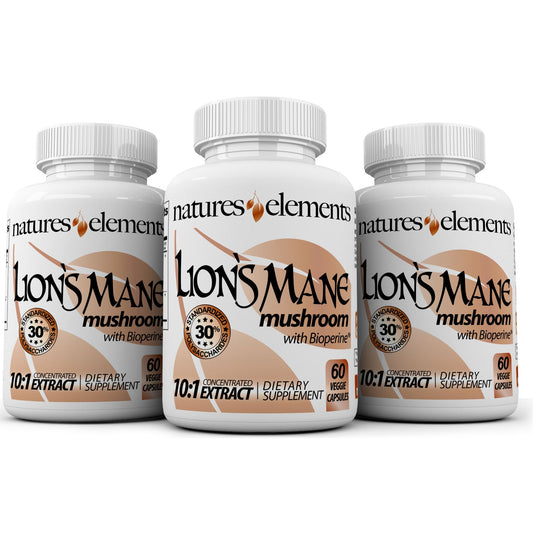 Natures Elements Lion’s Mane 10:1 extract bottle shows 60 capsules for focus