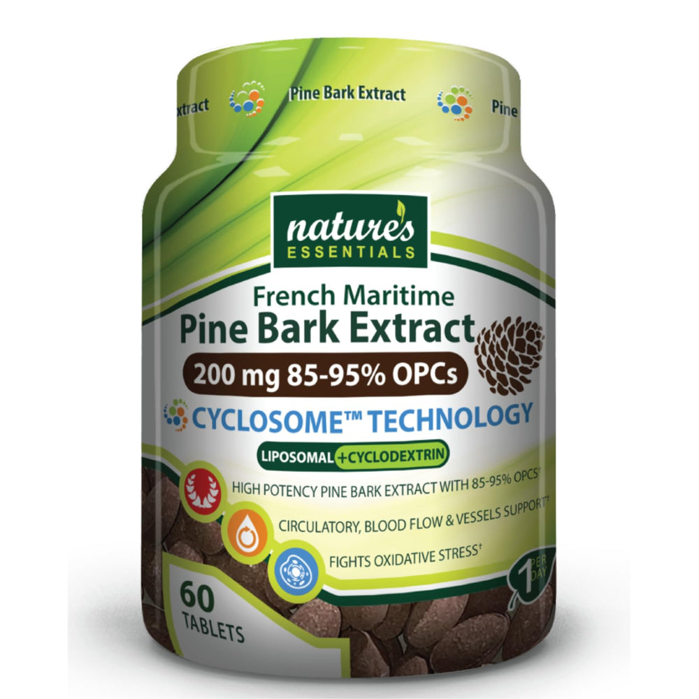 Nature's Essentials pine bark extract bottle showing 200 mg formula for daily use.