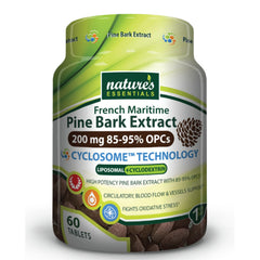 Nature's Essentials pine bark extract bottle showing 200 mg formula for daily use.