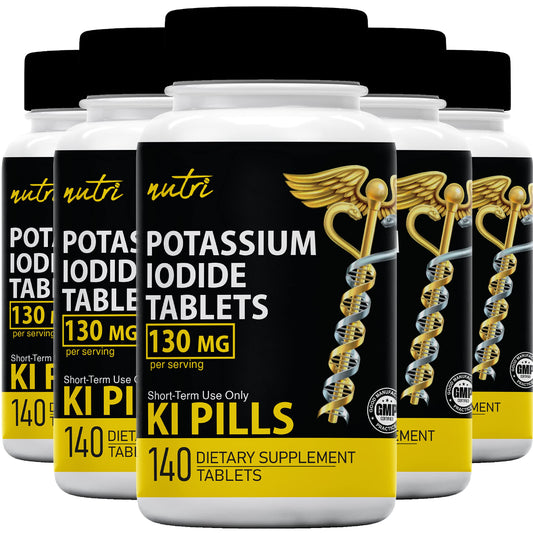 Nature's Fusions potassium iodide tablets bottle front, compact emergency supply for family preparedness.