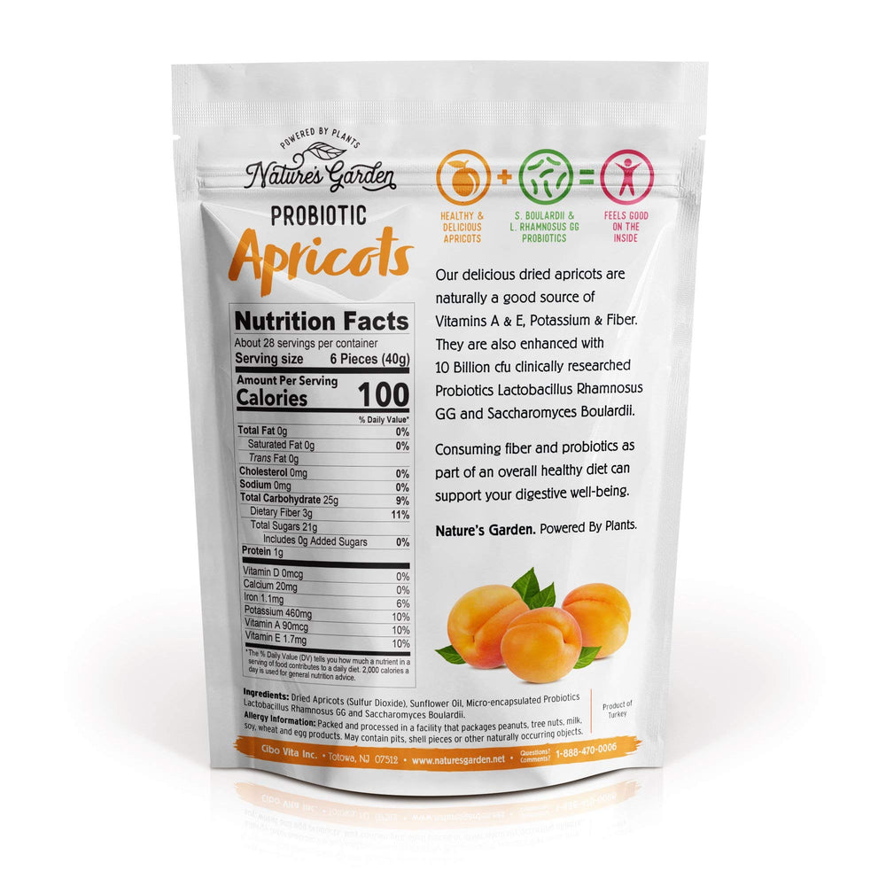 Open bag of Nature's Garden probiotic apricots shows convenient packaging