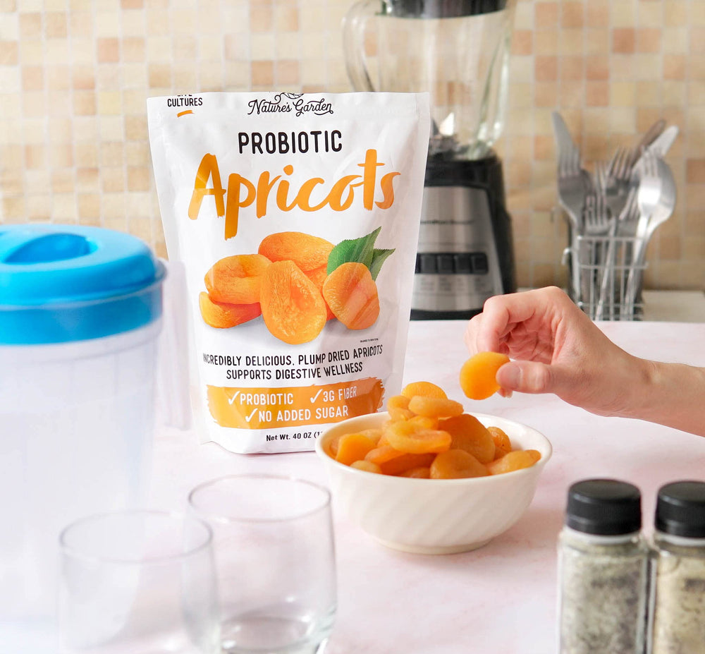 Kitchen counter with Nature's Garden probiotic apricots for a quick bite