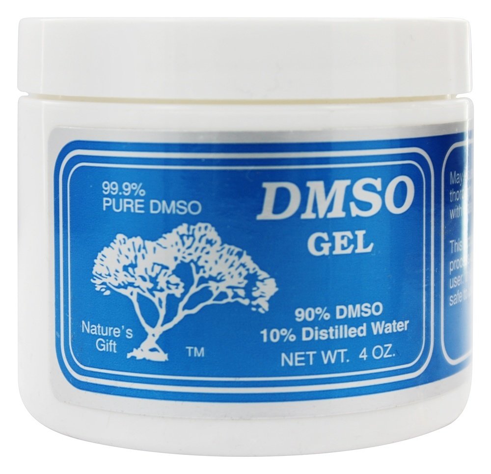 Nature's Gift DMSO 90% gel applicator nearby, simple at-home solvent use.
